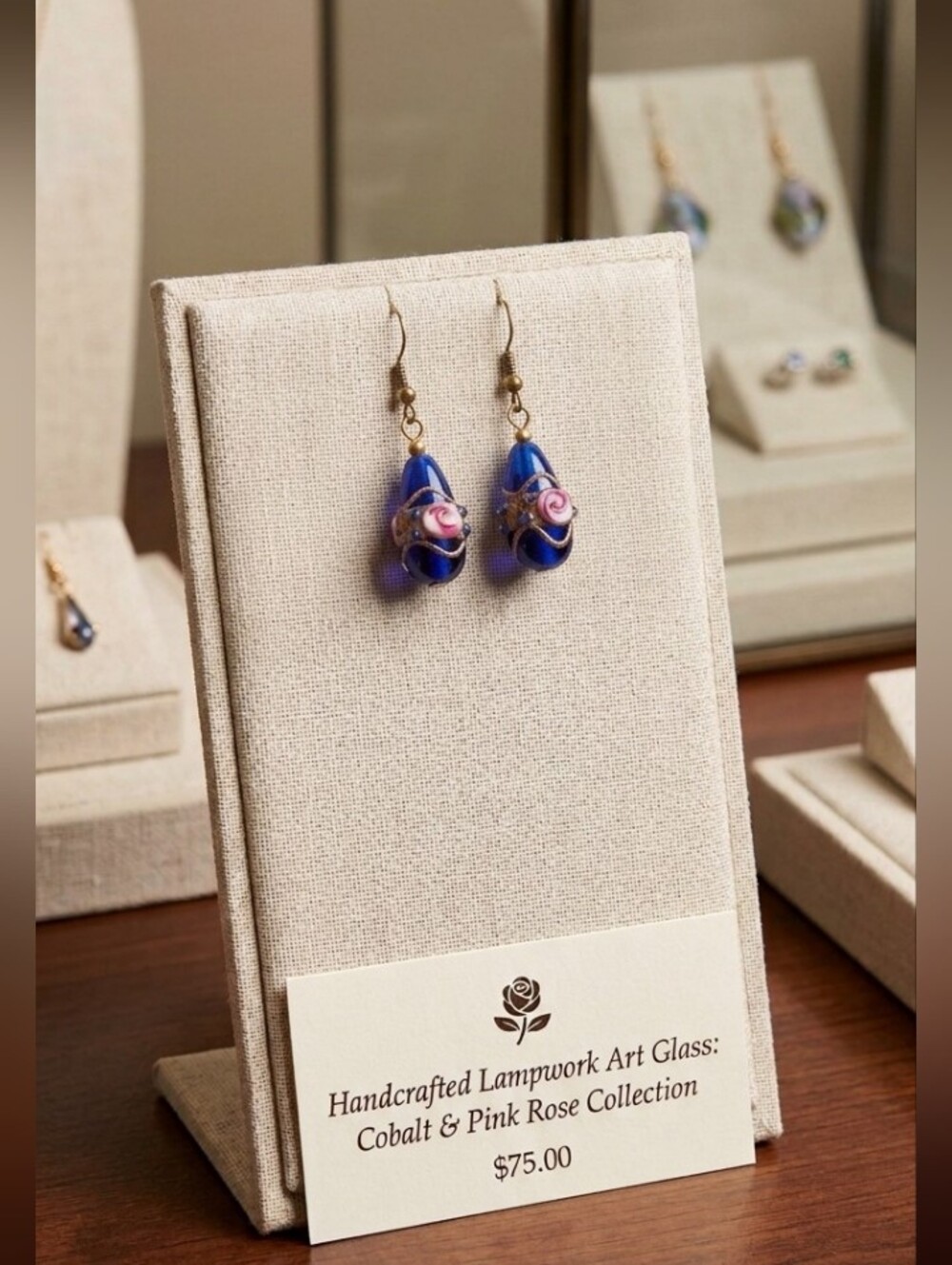 VTG Cobalt Fiorato Wedding Cake Dangle Murano Glass Earrings Venetian Floral